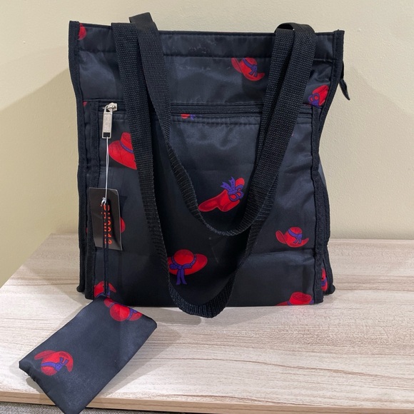 NWT # Nylon Black and Red Floral Tote Bag - Picture 1 of 5